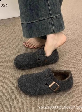 2025秋季新款法式复古外穿圆头毛毡加绒勃肯鞋女一脚蹬保暖棉瓢鞋