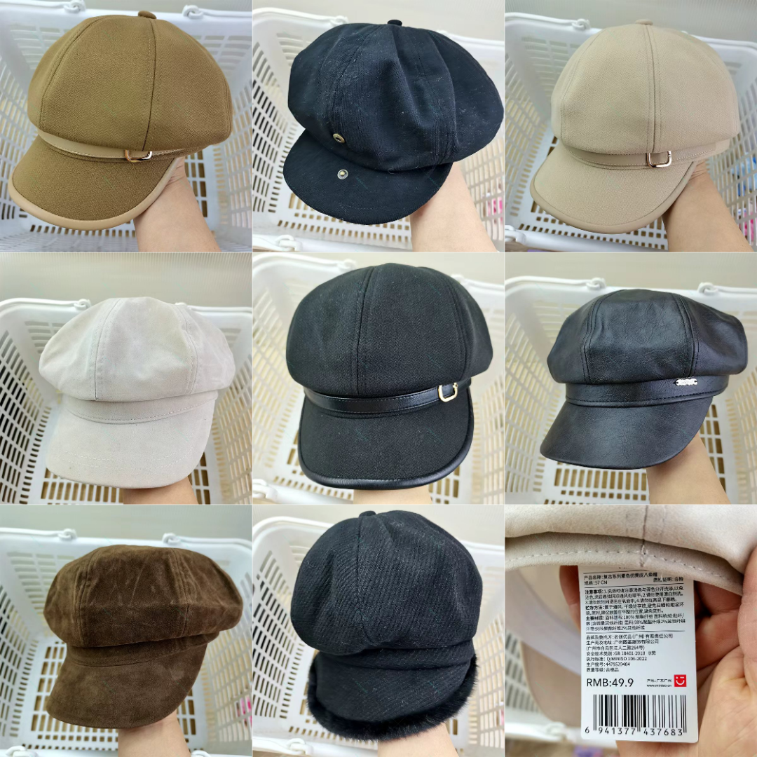 MINISO名创优品复古系韩系金属扣素色仿皮质素色仿麂皮甜美八角帽