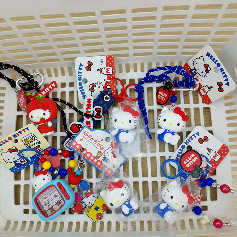 正版三丽鸥HelloKitty凯蒂猫珠链苹果钥匙扣可爱牛仔小挂件少女心