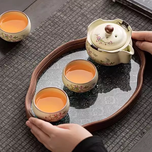 米黄汝窑手抓壶盖碗女士茶具一壶二杯防烫泡茶碗茶杯茶盘功夫茶具