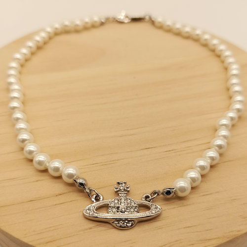 thumbnail for Fashion Fashion Silver Full Diamond Small Saturn Pearl Necklace Upgraded Version