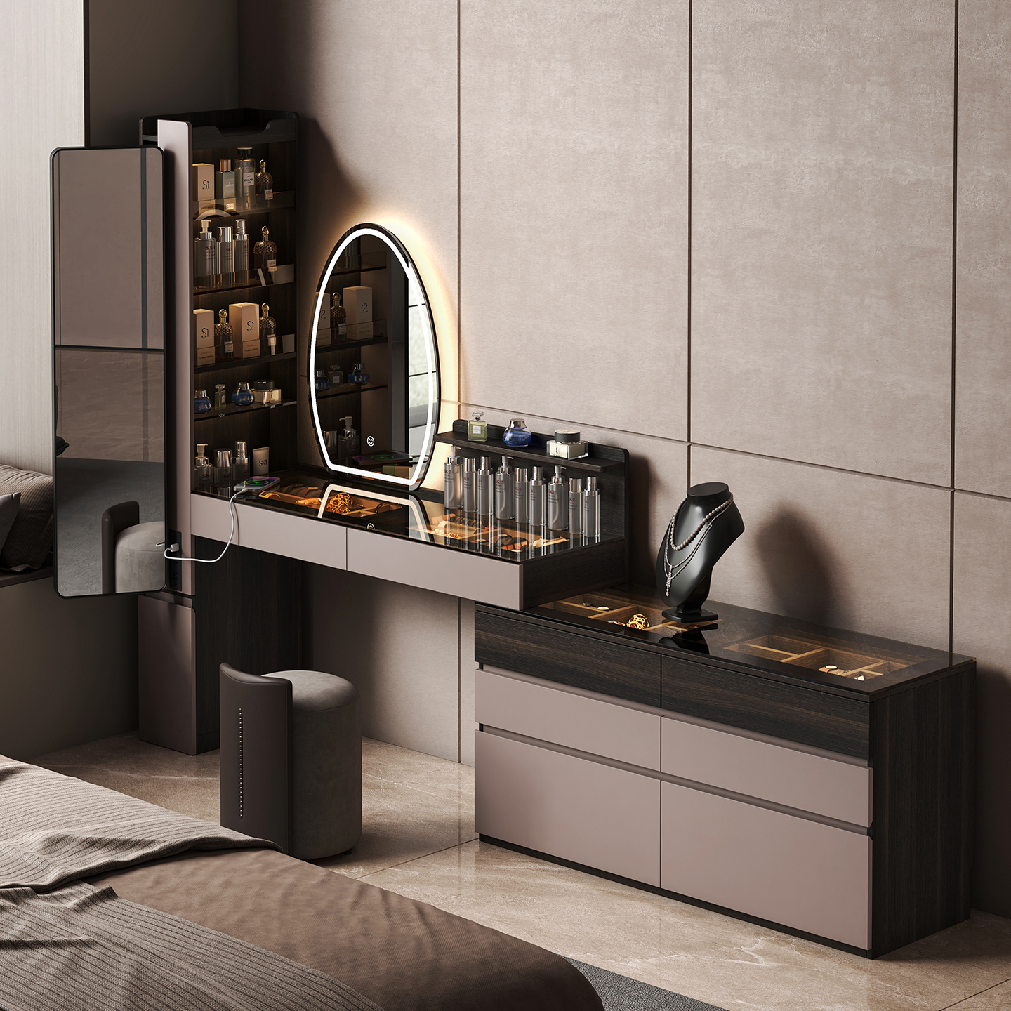 床尾L型六斗柜梳妆台一体全身镜