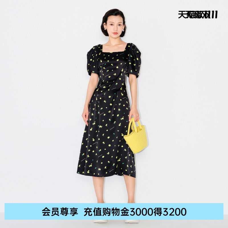 SU【真丝系列】玛丝菲尔素桑蚕丝连衣裙夏女人味印花泡泡袖长裙