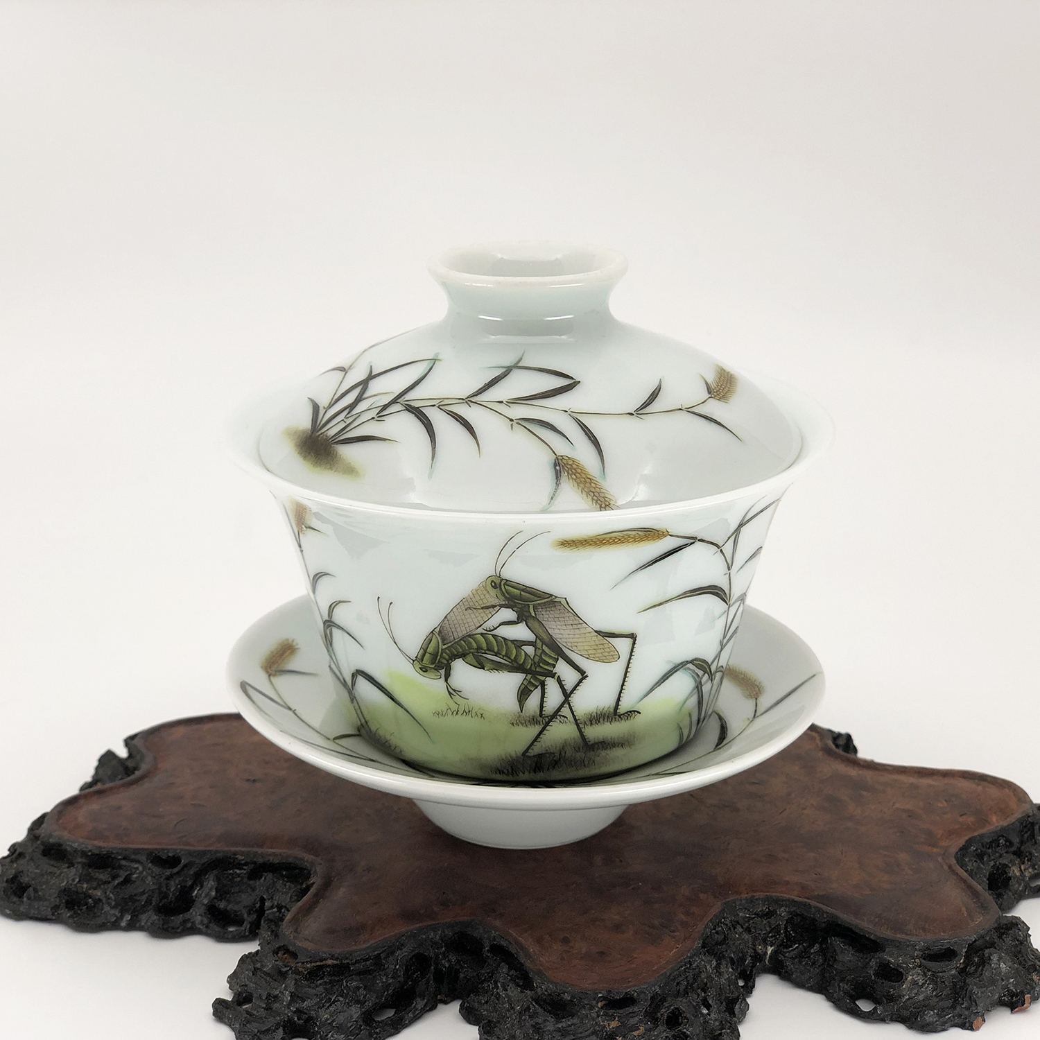 台湾隐樵山房早期粉彩墨彩草虫盖碗三才碗瓷器茶具非茶壶茶杯斗彩