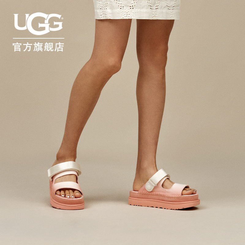 UGG夏季新款女士舒适时尚厚底露趾简约魔术贴一字休闲凉鞋1167418