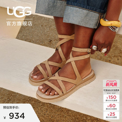 UGG露趾交叉绑带魔术贴休闲凉鞋
