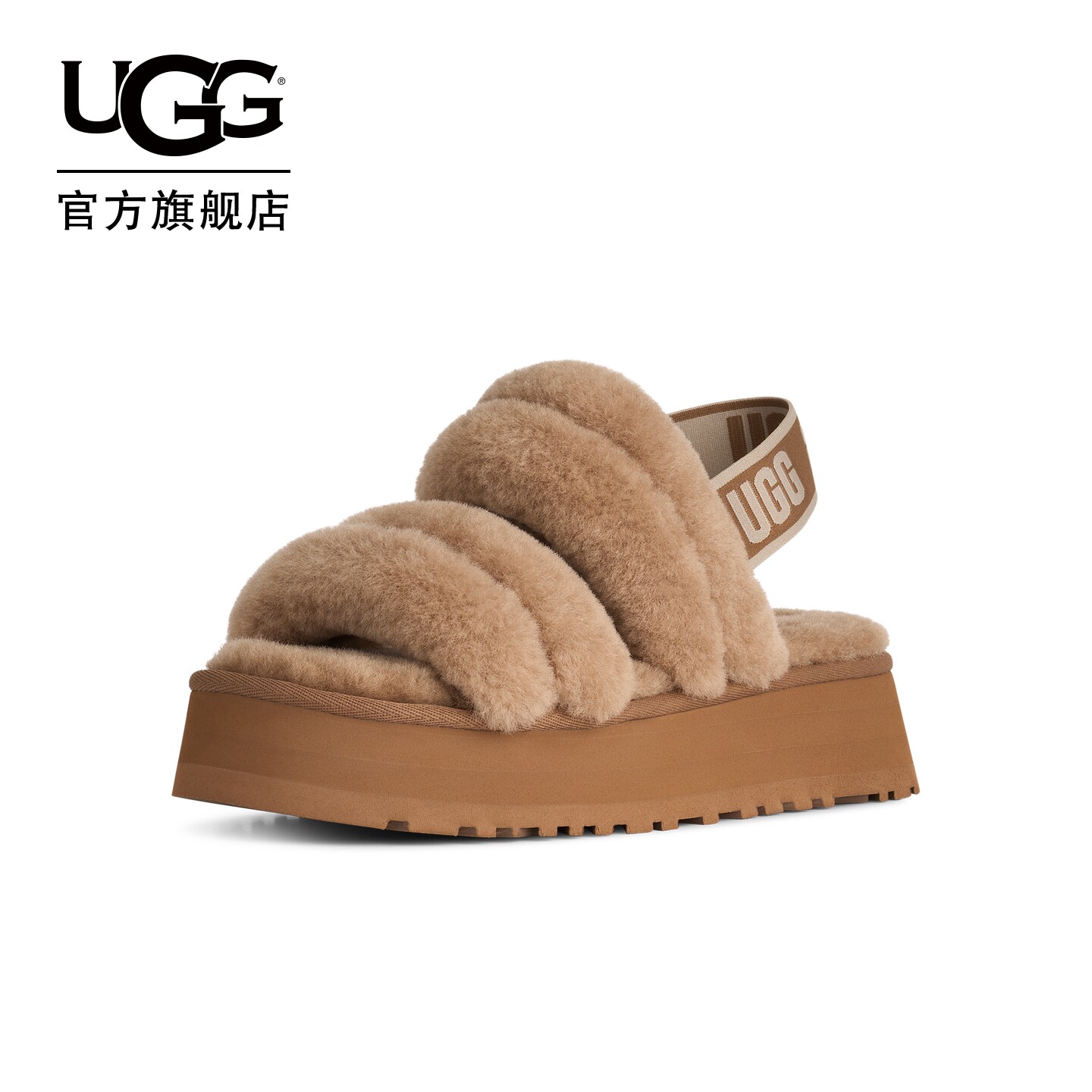 UGG秋季新款女士时尚舒适纯色露趾一字绑带款休闲毛毛拖鞋1191134