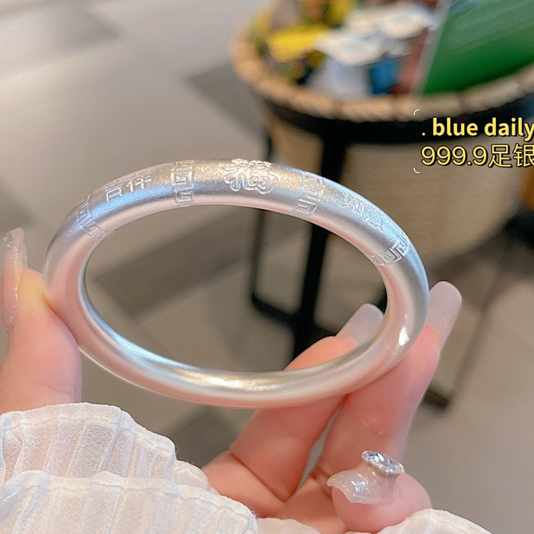 银手镯足9999纯银手镯女 古法银空心闭口 福字吉祥宽面民族风国潮