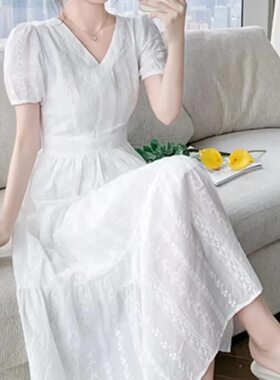 法式白色蕾丝连衣裙女夏季2026新款高级气质长裙显瘦纯棉仙女裙子