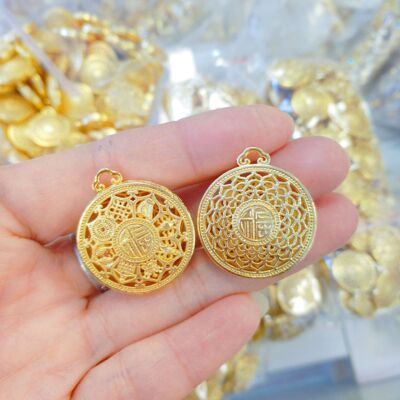 越南沙金八宝富贵镂空莲花吊坠黄