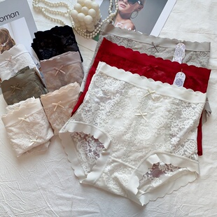 红色高腰微收腹性感蕾丝含蚕丝底档小平角裤 贝莱娅女士内裤 头 包邮