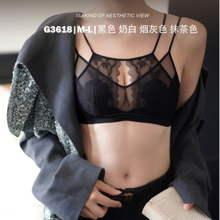 古妃大胸显小BC超薄水晶杯蕾丝黑色性感交叉美背无钢圈内衣文胸罩