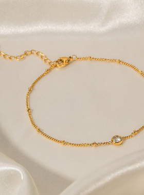 INS风复古钛钢手链16K金不锈钢镶嵌白色锆石脚链女式钛钢脚链