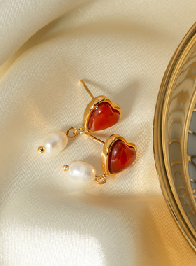 INS新款18k金不锈钢镶嵌爱心红色马nao耳环个性女士礼物饰品