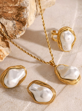 欧美不锈钢珍珠项链高级感耳钉夸张戒指18k金色钛钢饰品