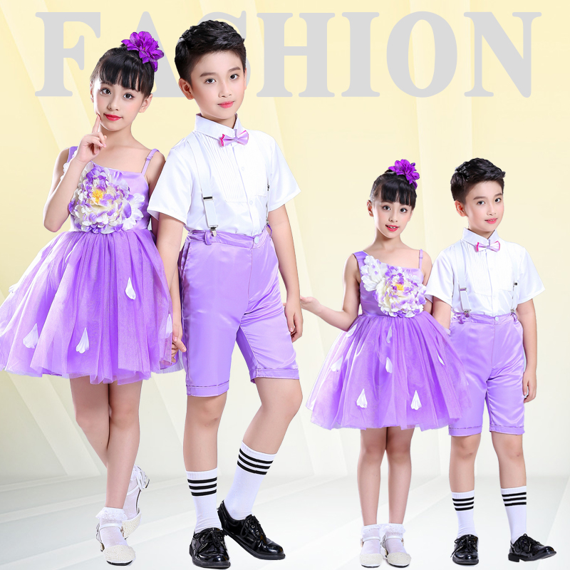 儿童新款合唱服幼儿园紫色大花朵花瓣公主裙男款背带短款礼服女童