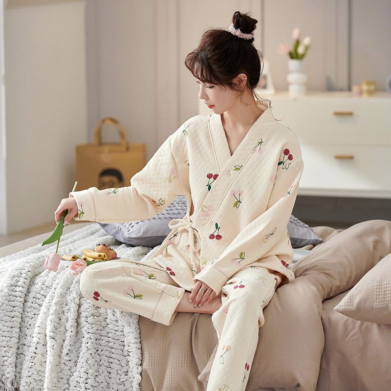 秋冬季月子服哺乳装夹棉长袖女睡衣和服保暖空气棉开衫家居服夹层