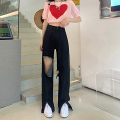 Real price ᦇ straight jeans women's high waisted slim draping big hole loose wide leg floor pants