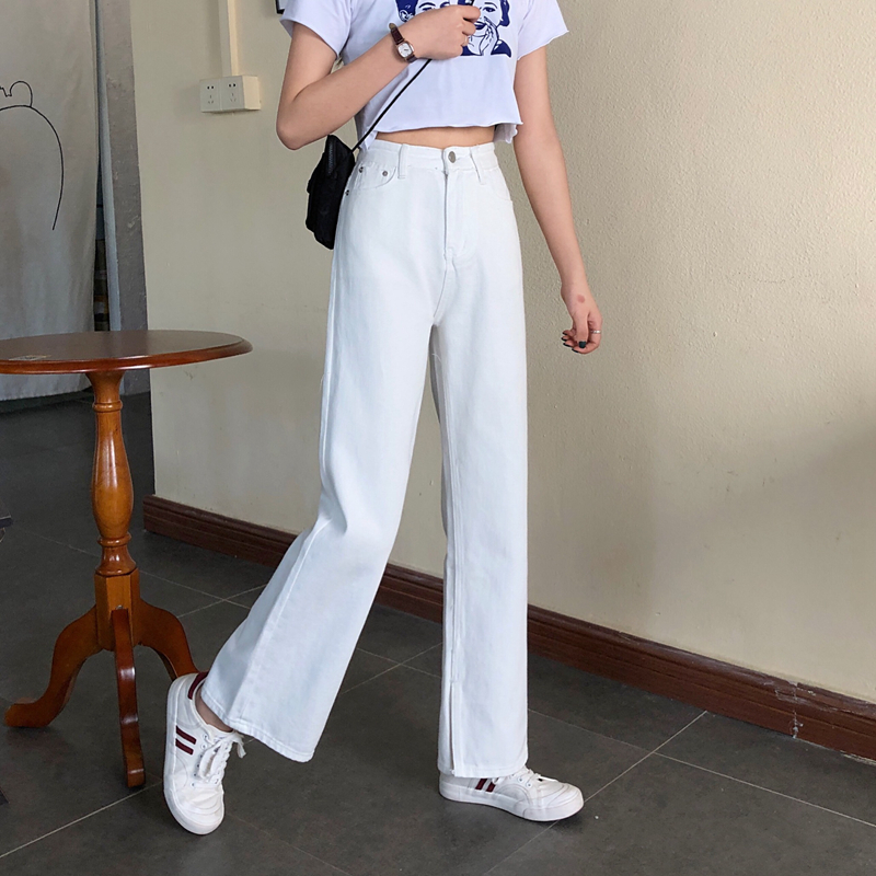 Real photo real price ᦇ white wide leg jeans women's high waist loose split vertical straight drag pants