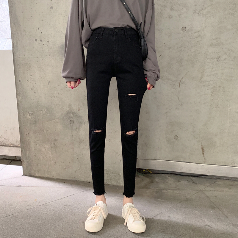 實拍實價#2021新款高腰破洞牛仔褲女修身顯瘦小腳鉛筆九分褲