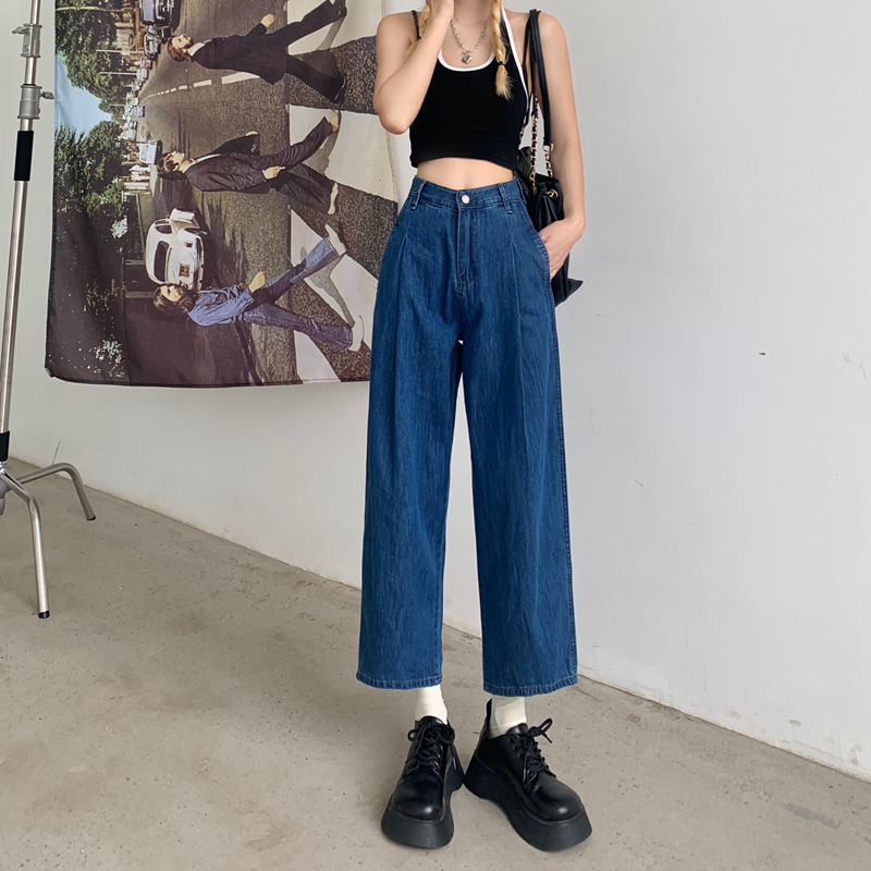 Real price ᦇ straight jeans women's loose summer Slim small high waist quarter wide leg pants