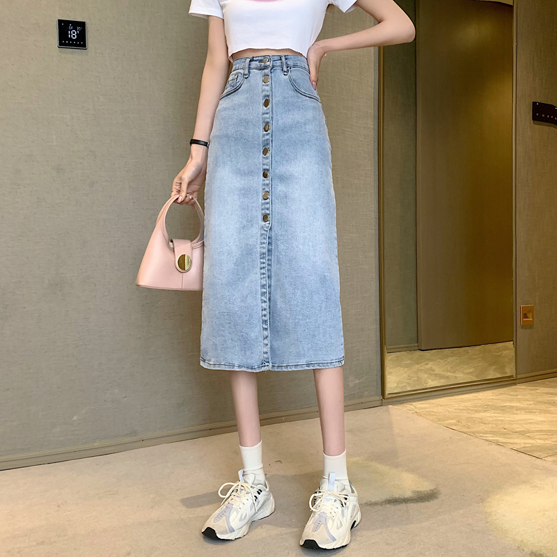 Real price ᦇ summer new retro single breasted skirt shows thin high waist split A-line denim skirt