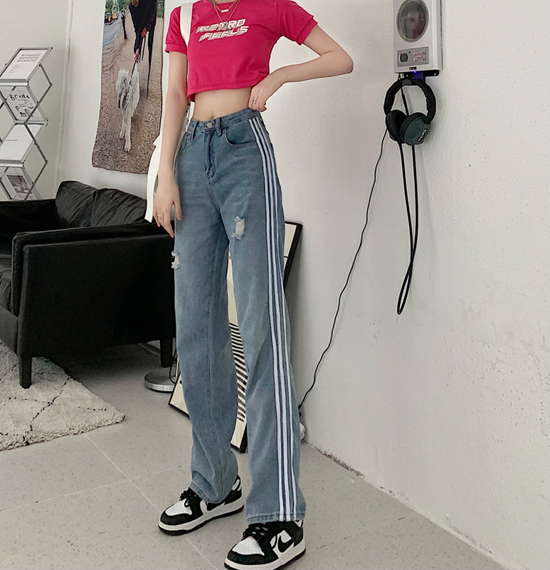 Women's new jeans wide leg pants high waist straight tube loose small split floor pants