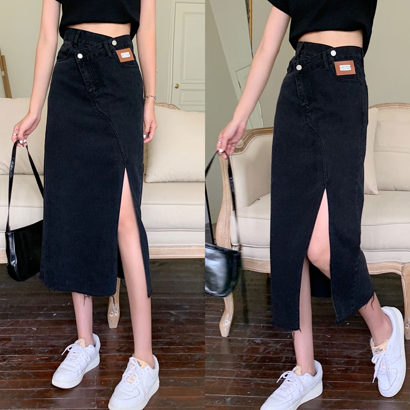 Real price ᦇ side split denim skirt women's high waist and thin A-line hot girl's mid long hip skirt