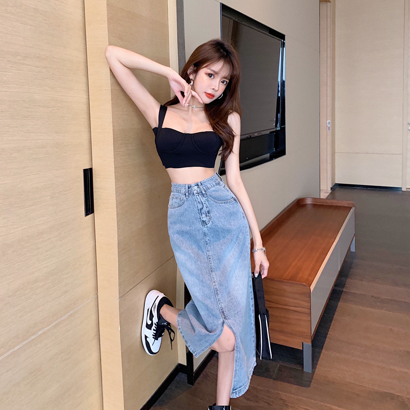 Real price ᦇ denim skirt small woman with high waist and open fork drop feeling medium long A-line buttock skirt