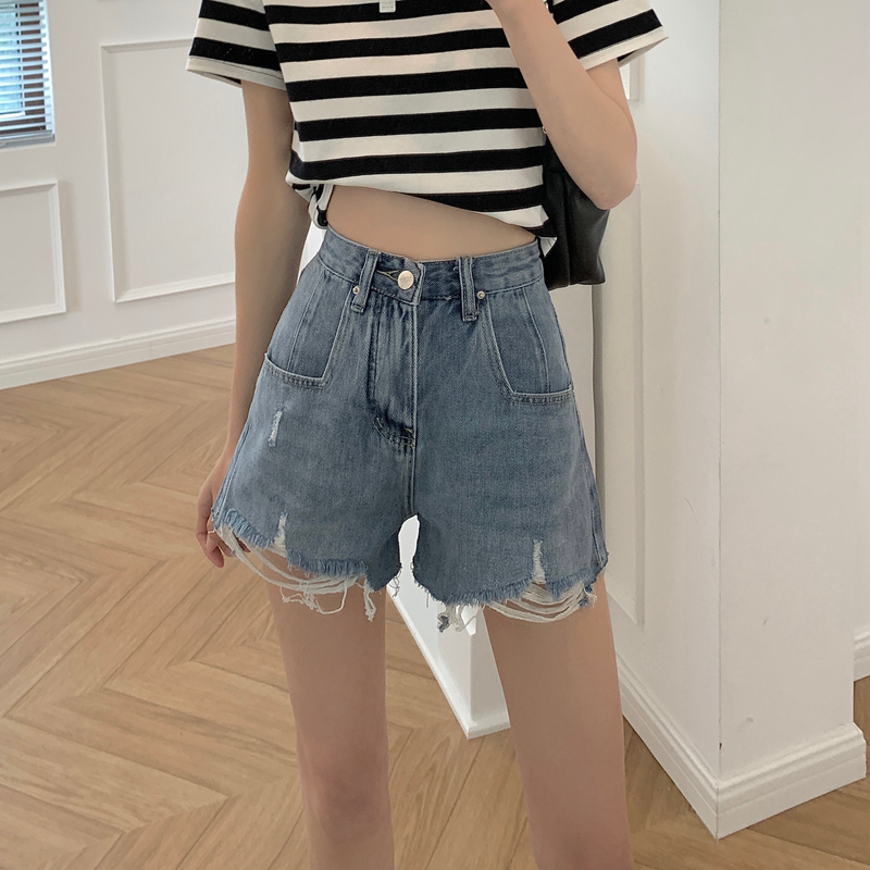 High waist denim shorts women's new Korean loose students' Slim wide leg A-line hot pants