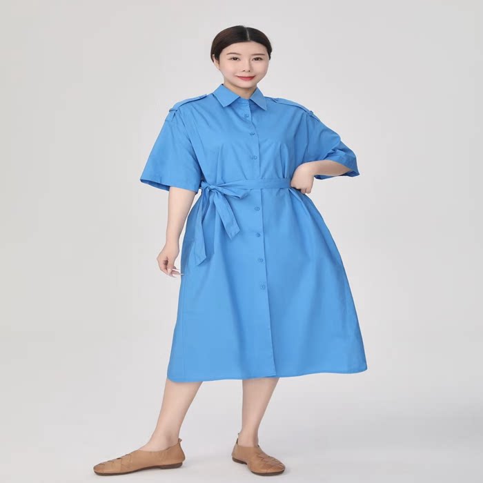 紫布语2026夏季新款文艺通勤大码翻领系腰带短袖连衣裙女3543图片