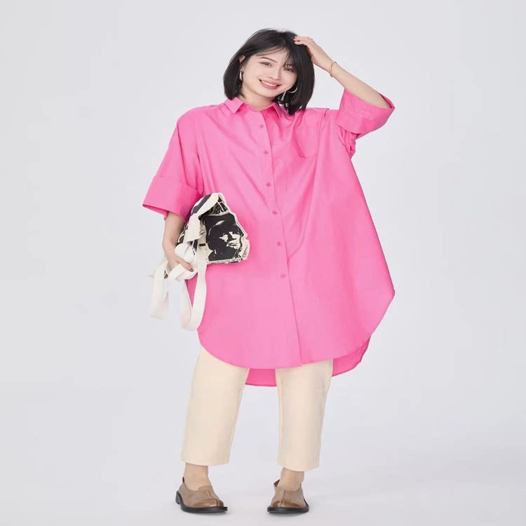 紫布语2026夏季新款时尚休闲百搭翻领长款纯棉五分袖衬衫裙女676