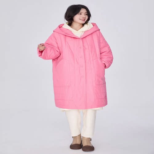 紫布语2026冬季新款文艺大码连帽抽绳压格棉保暖棉服外套女3576