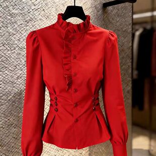 收腰显瘦通勤上衣 别致修身 绝美气质百搭高级感红色衬衫 女2026春季