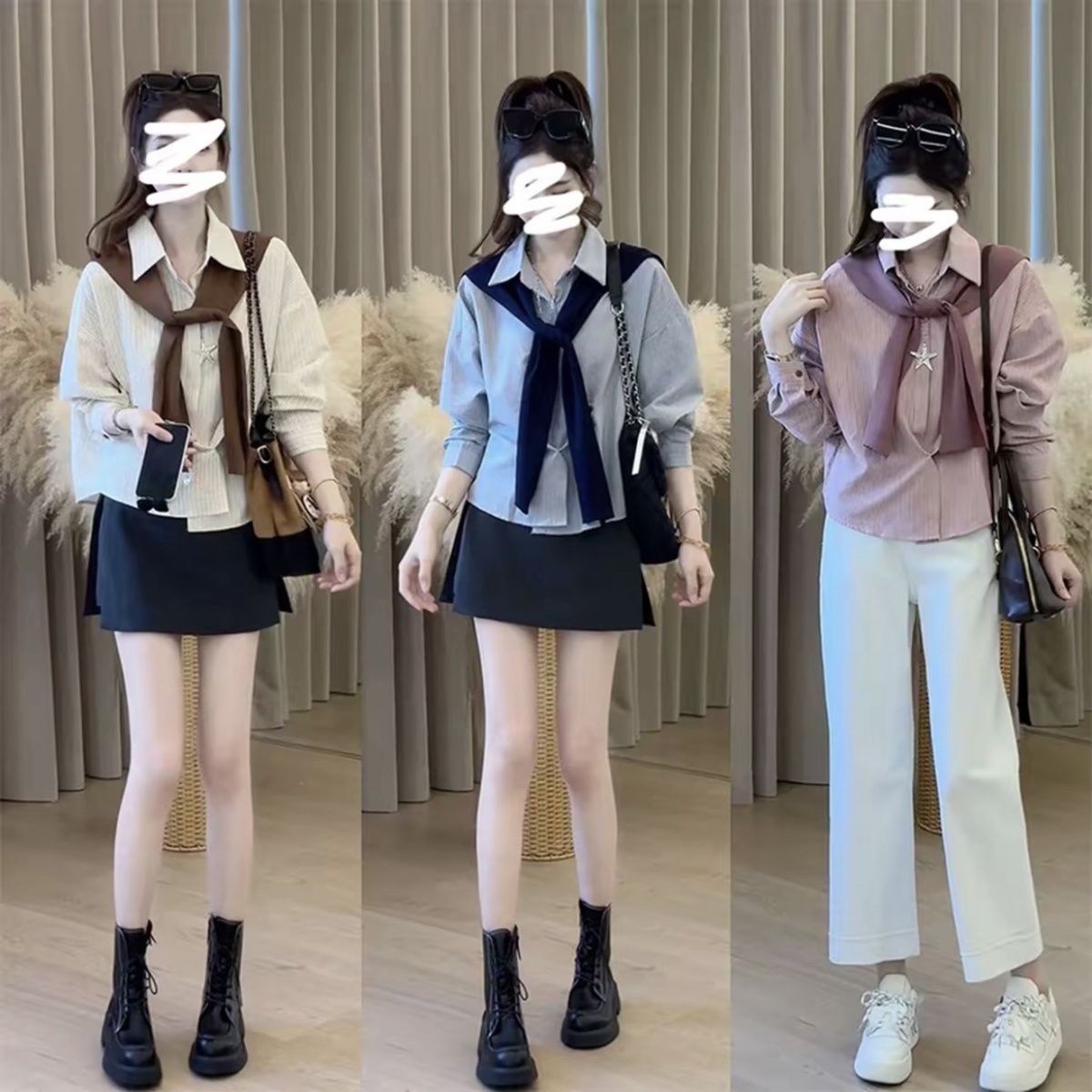 小清新短款条纹衬衫女2025新款早秋小个子减龄翻领长袖衬衣配披肩