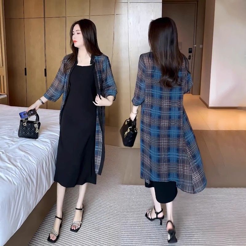 时尚格子衬衫女夏季新款气质七分袖上衣休闲百搭中长款防晒衣外套
