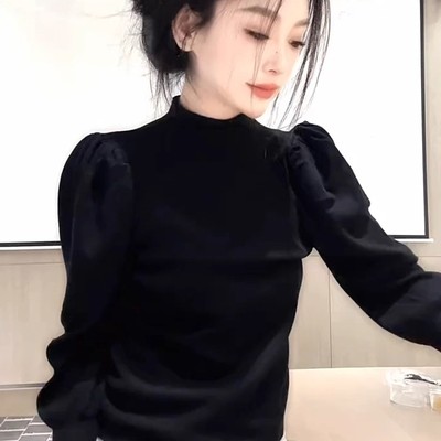 高级感半高领泡泡袖毛针织衫女2025年秋冬新款修身显瘦洋气质上衣