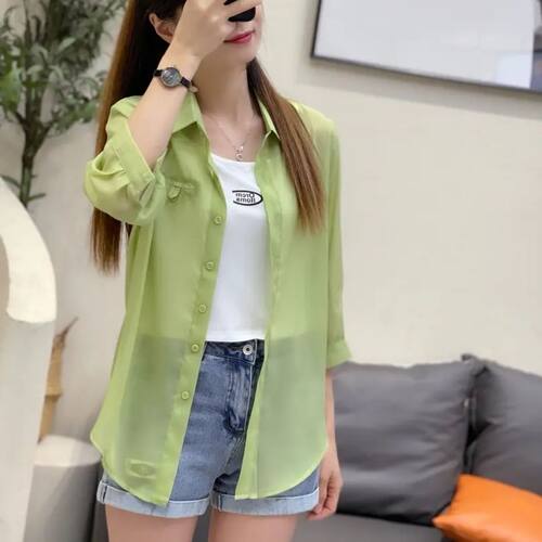 夏季薄款衬衣女装2026年新款潮七分袖上衣防晒衣百搭雪纺衬衫女