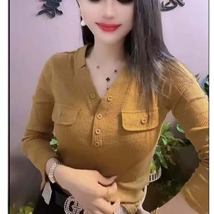 洋气小衫 大码 纯色V领扣板弹力长袖 时尚 潮 T恤女打底衫 欧货秋冬新款