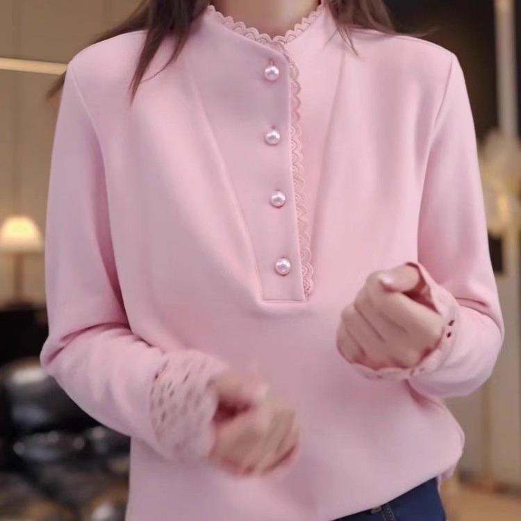 独特气质蕾丝拼接粉色半开领针织衫女2025年冬季新款宽松百搭上衣