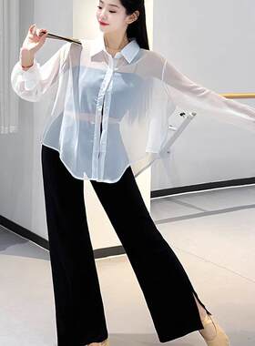 高级感冰丝薄款防晒衬衫外套女夏季宽松后背镂空系带雪纺空调开衫