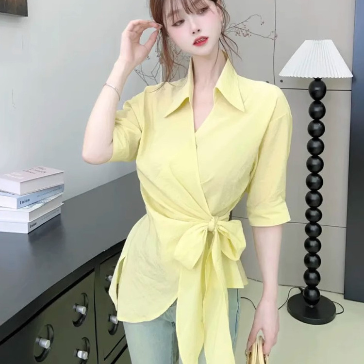 2025夏季新款韩版收腰系带不规则修身纯色V领气质五分袖衬衫女潮