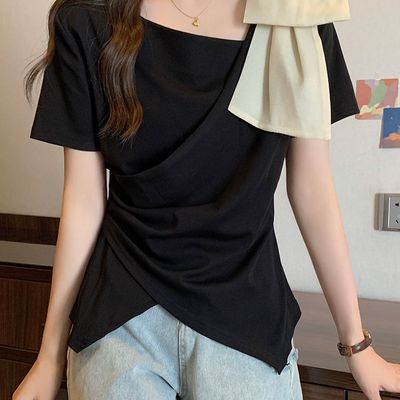 不规则斜领设计感短袖t恤女2025年夏季新款大码胖显瘦气质上衣