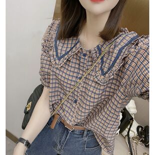 新款 女2026夏季 设计感小众别致百搭上衣ins 格子衬衫 娃娃领泡泡袖