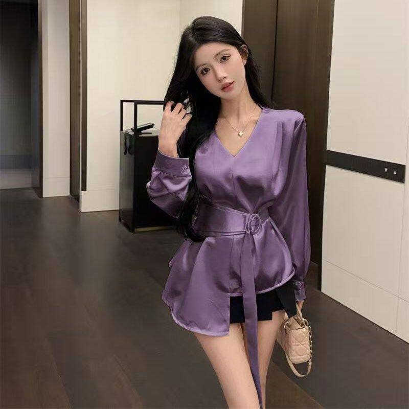 不规则紫色缎面衬衫女秋季纯欲v领绑带收腰上衣巨好看的绝美衬衣