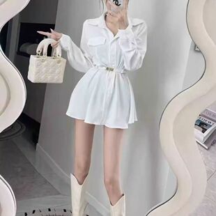 显瘦百搭A字裙 连衣裙女2025早秋修身 韩系气质收腰polo领长袖 衬衫