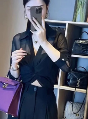 法式不规则交叉绑带无扣长袖衬衫女夏季御姐性感微透显瘦防晒上衣