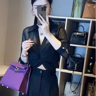 法式不规则交叉绑带无扣长袖衬衫女夏季御姐性感微透显瘦防晒上衣