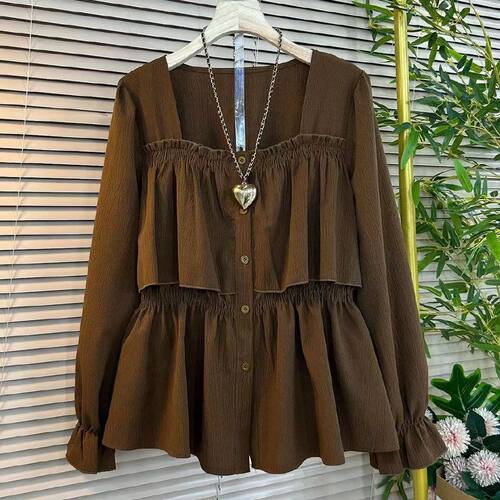 2026秋季新款大码女装洋气时尚显瘦遮肉方领收腰气质长袖女人小衫