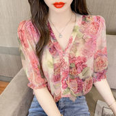 短袖 法式 洋气荷叶边时尚 女夏2026年新款 粉色雪纺上衣 V领碎花衬衫